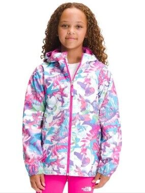 EUC The North Face Girls' Zipline Hooded Rain Jacket SZ Girls M Floral Camo